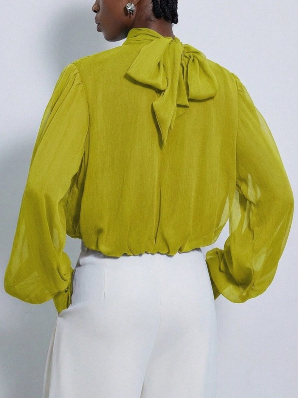 Green Chic Women's Mock Neck Blouse with Wrap Front and Oversized Puff Sleeves - Picture 2 of 7